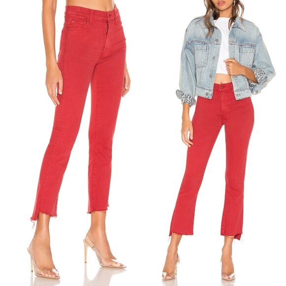 MOTHER The Insider High-Rise Crop Step Fray Jeans Hot Rod Red Size 30 $208 - Picture 2 of 16